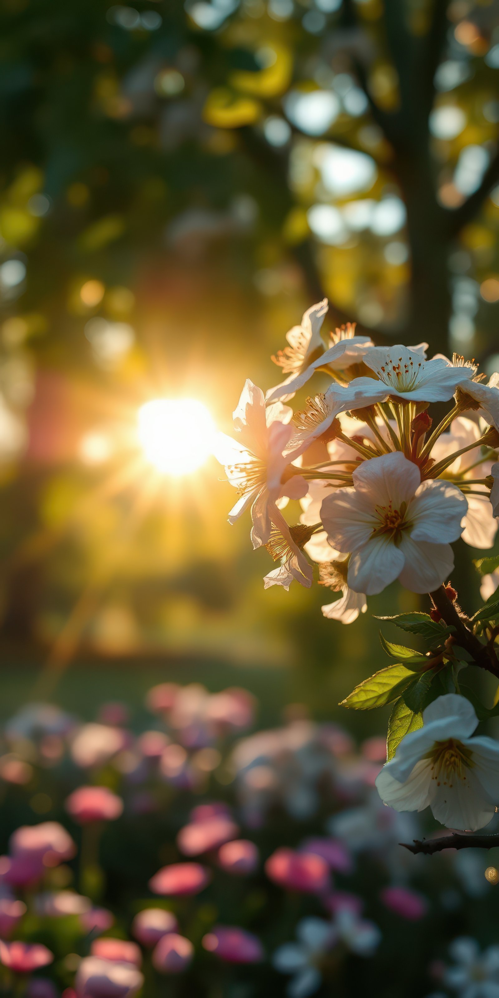 Cherry blossoms bloom as sunlight filters through trees in a serene garden at dawn